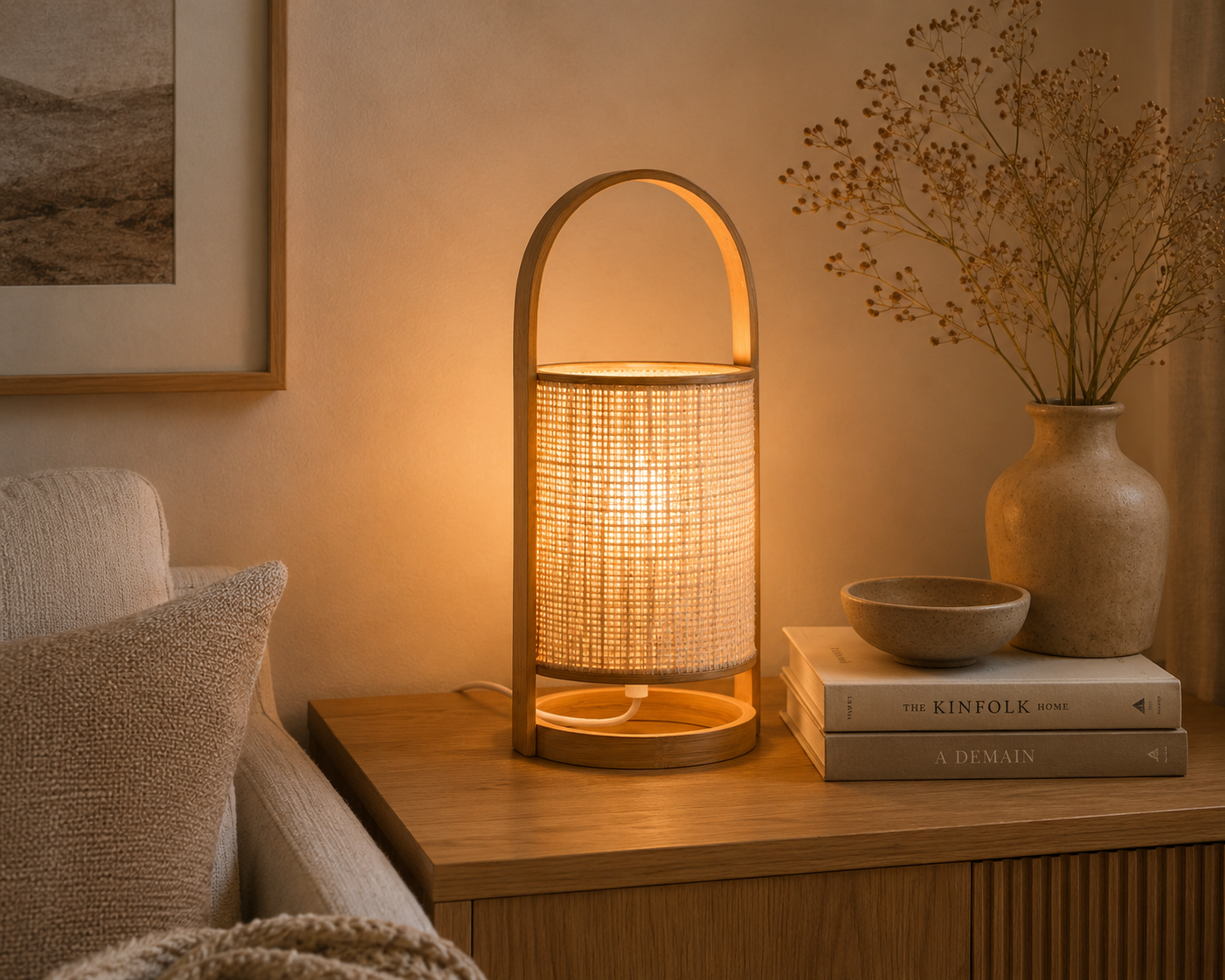 Rotan tafellamp met handvat – natuurlijke sfeerverlichting