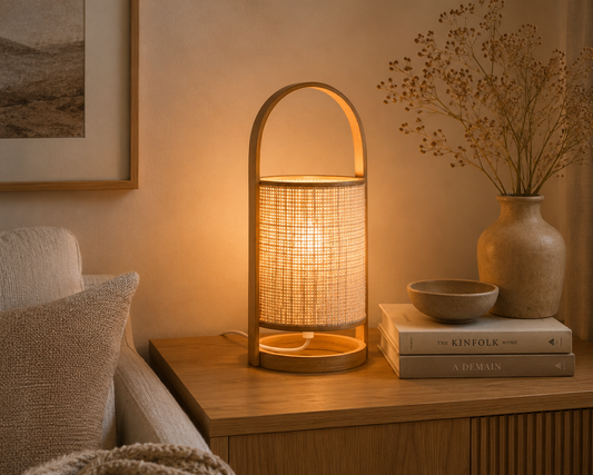 Rotan tafellamp met handvat – natuurlijke sfeerverlichting