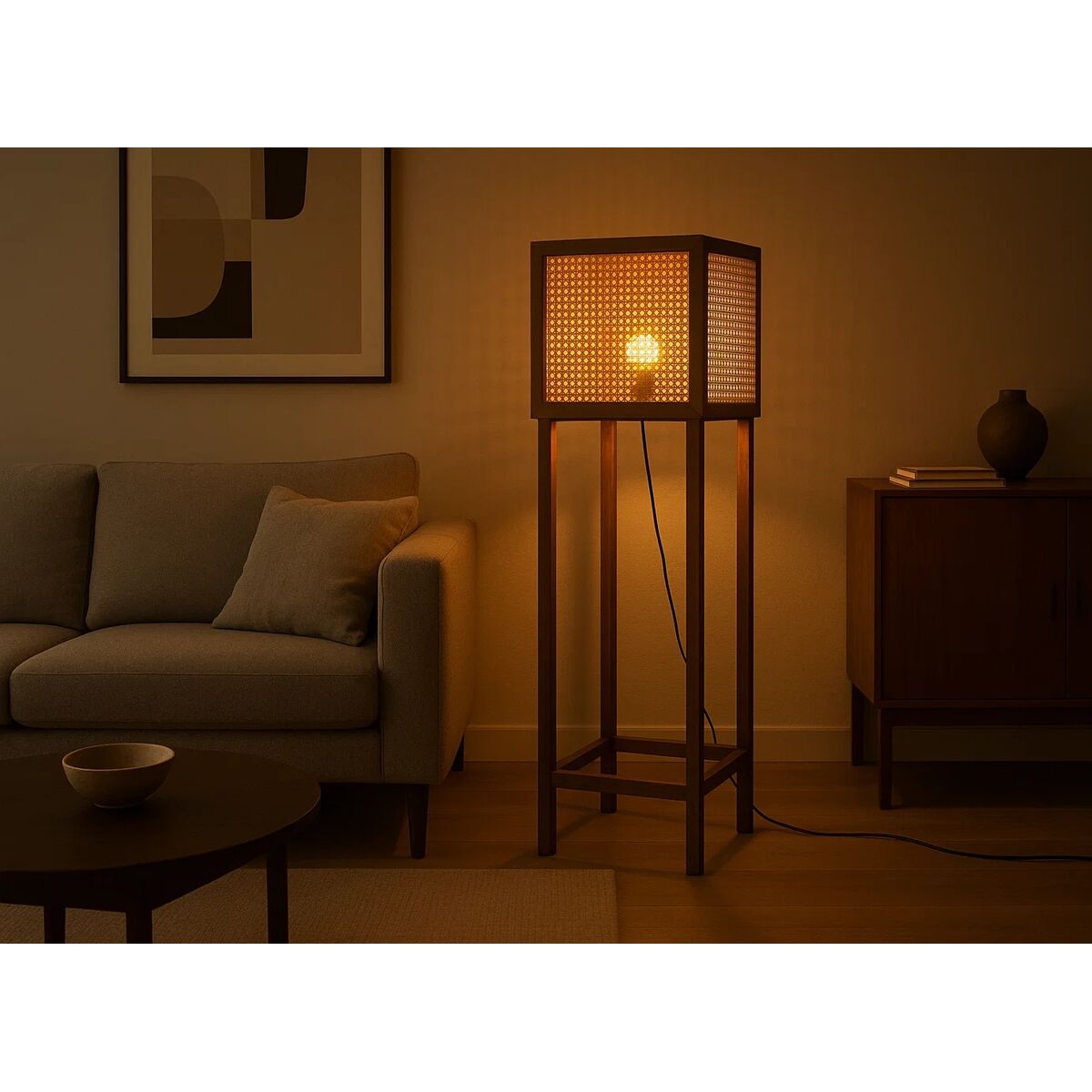 Bruine vloerlamp – natuurlijke sfeerverlichting met rotan