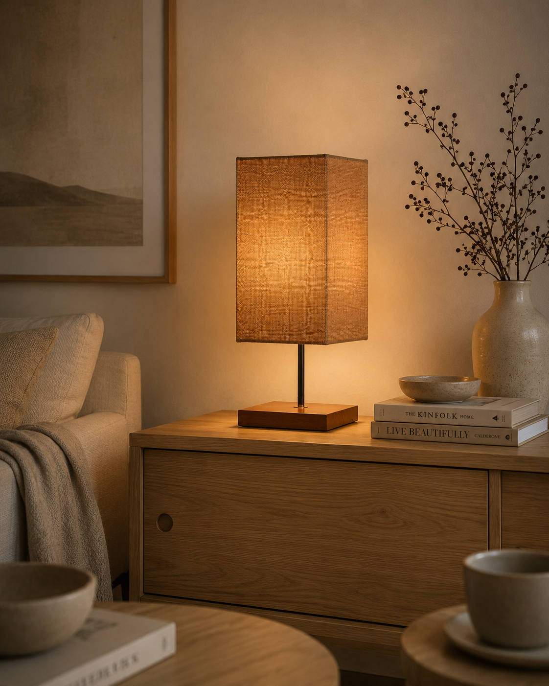 Minimalistische tafellamp hout & linnen – warme sfeerverlichting