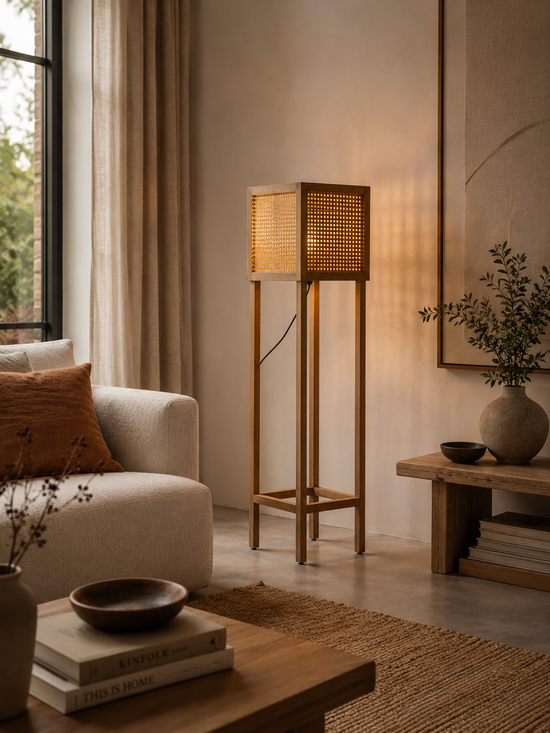 Bruine vloerlamp – natuurlijke sfeerverlichting met rotan