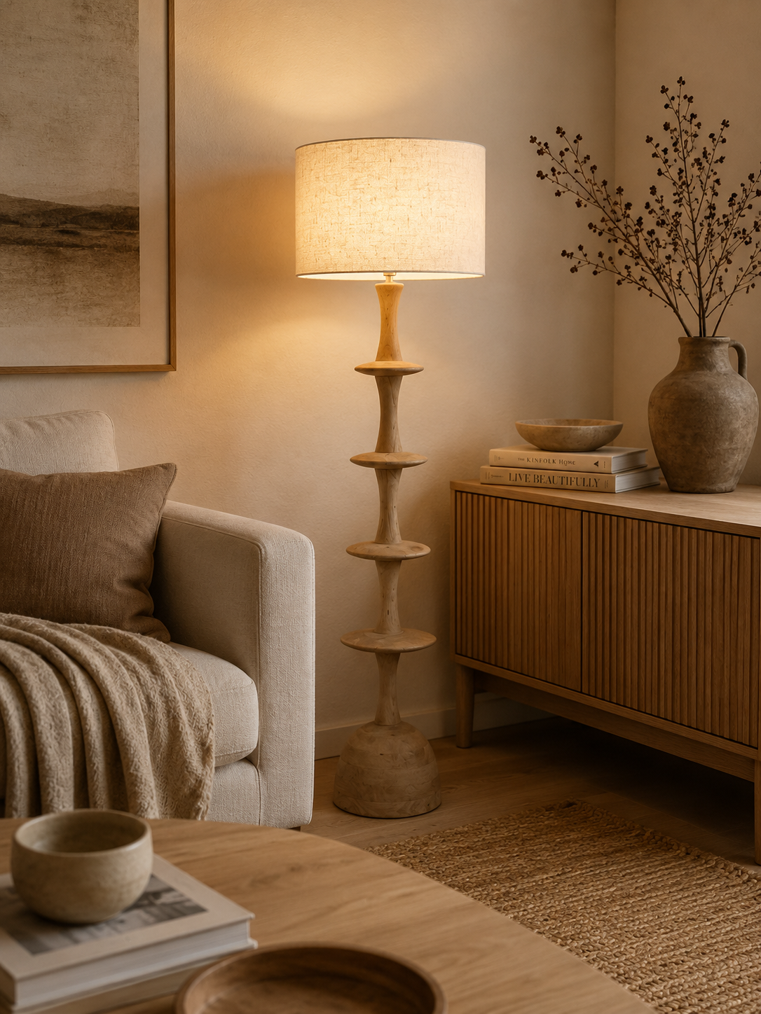 Houten design vloerlamp – warme sfeerverlichting met linnen kap