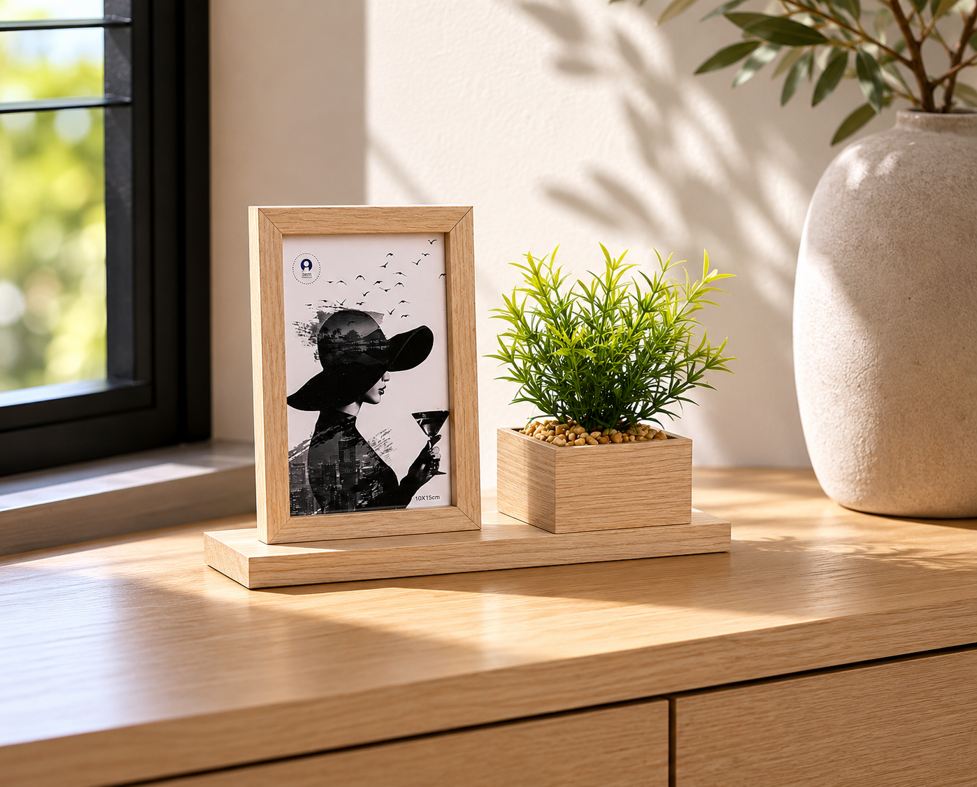 Fotolijst met plantje – Scandinavisch – naturel hout – 10x15 cm